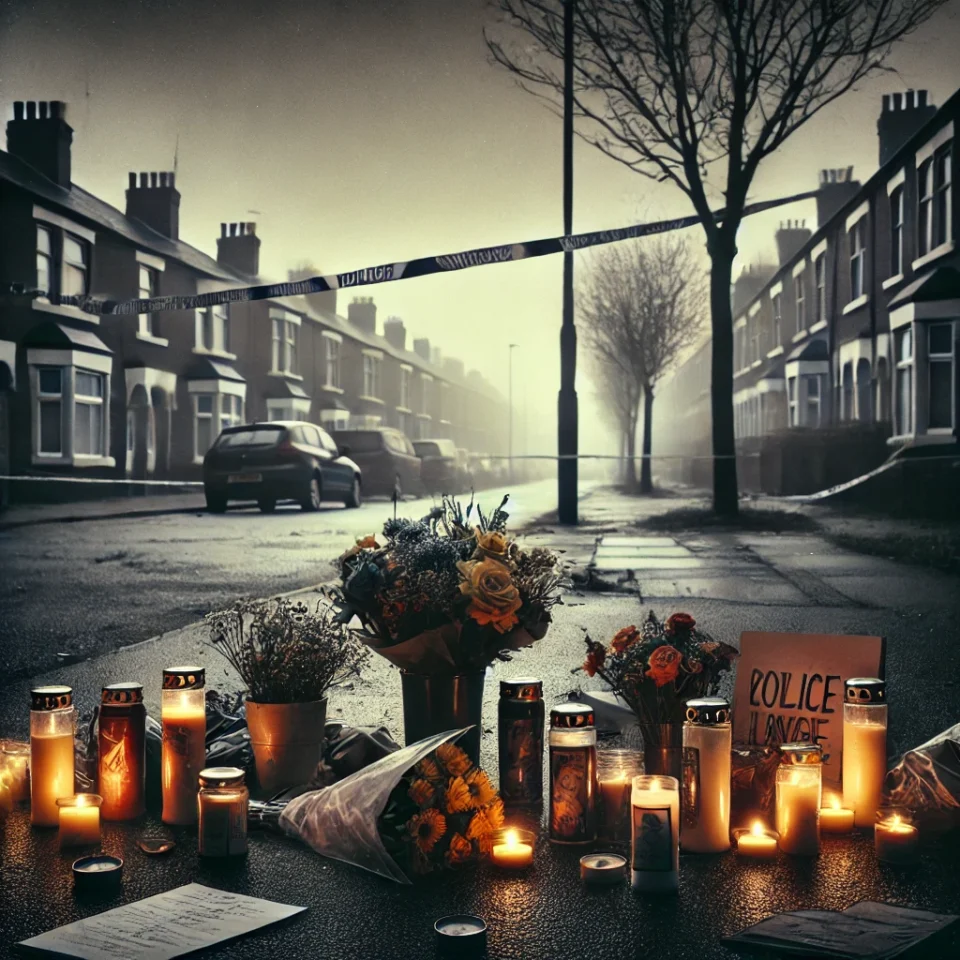 A sombre memorial scene with candles, flowers, and handwritten notes, set in Southport, UK, symbolising public mourning for the victims of the Southport stabbing tragedy.